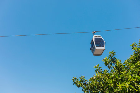 A gondola smoothly travels along its cable, suspended high above lush green trees. The vibrant blue...