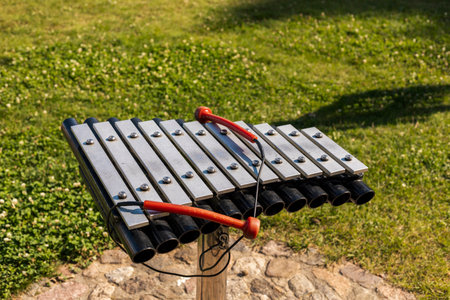 Colorful musical instrument featuring metal bars and tubes stands in a green park. Red mallets rest...