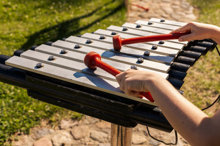 Children are having fun creating melodies on a xylophone with bright mallets in a lively outdoor park. The sun illuminates their joyful expressions and the surrounding green grassの写真素材
