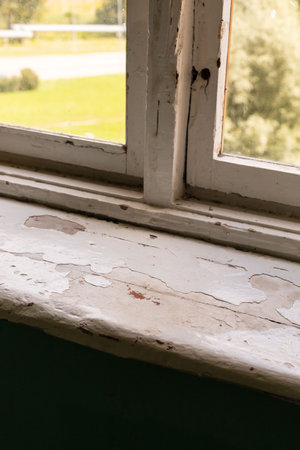 A close-up view of a window sill in an old building reveals peeling paint and signs of deterioration