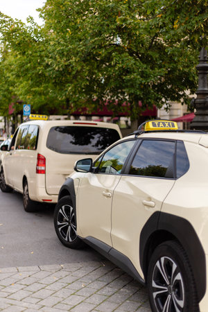 Two taxi vehicles are parked in a row on a city street. One is a compact car while the other is a...
