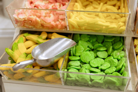 Different types of candy are arranged in clear bins at a shop. Colors include pink, yellow, and green. Customers can pick their favorites.