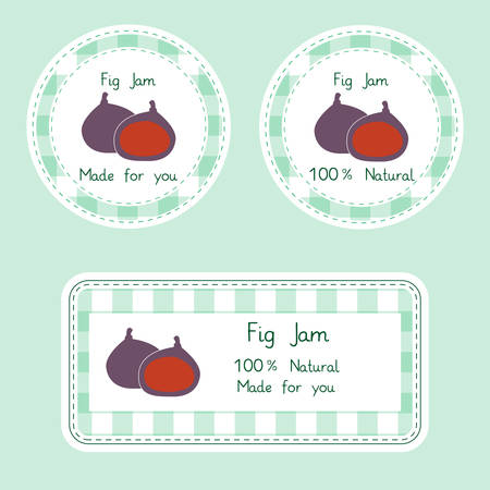 Fruit collection for design. Labels for homemade natural. Fig jam in green and violet color.のイラスト素材