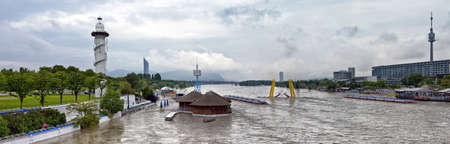 Flood disaster at the Danube and Danube Island  german Donauinsel , an extensive public recreation area of Vienna  Such a flood occurs only once every 100 years のeditorial素材
