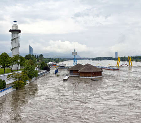 Flood disaster at the Danube and Danube Island  german Donauinsel , an extensive public recreation area of Vienna  Such a flood occurs only once every 100 years のeditorial素材