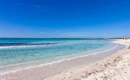 Beach of des Trenc at the island of Majorca in the Mediterranean Sea. Majorca is the largest island in the Balearic Islands archipelago in Spain.の写真素材
