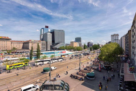 VIENNA, AUSTRIA - APRIL 27, 2018: The Schwedenplatz (German for Sweden Square) is a square in central Vienna, located at the Danube Canal and one of the most important public transport junction.のeditorial素材