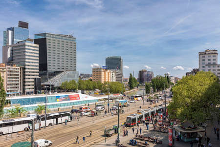 VIENNA, AUSTRIA - APRIL 27, 2018: The Schwedenplatz (German for Sweden Square) is a square in central Vienna, located at the Danube Canal and one of the most important public transport junction.のeditorial素材