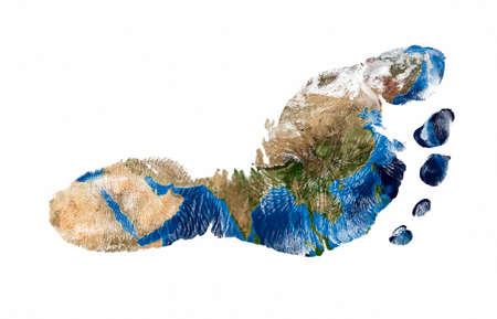 Real imprint of child foot with a world map of Asia - isolated on white background.Elements of this...
