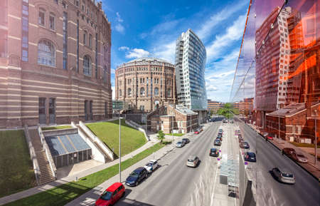 The Gasometer in Vienna-Simmering former gas tank from the year 1896. From 1999 to 2001 revitalized and converted in Entertainmentcenter, apartments, Studentenheim and a conference hallのeditorial素材