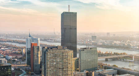 Skyline of the Danube City at the Danube Island - one of the most interesting extensive public recreation area. The DC-Tower is the tallest skyscraper in Austria.のeditorial素材