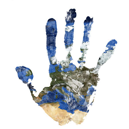 Real hand print combined with a map of Europe of our blue planet Earth - isolated on white background.
Elements of this image furnished by NASAの写真素材