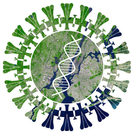 Coronavirus above New York. Graphics combined with a map of New York isolated on white background.の写真素材