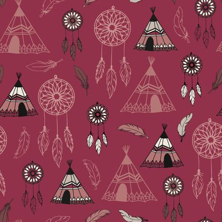 American indian wigwam and dream catcher seamless pattern background textureのイラスト素材