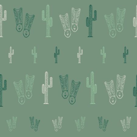 Green cowboy boots cactus seamless pattern backgroundのイラスト素材