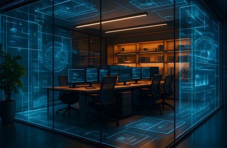 3D rendering of a modern office interior with a lot of computersの素材