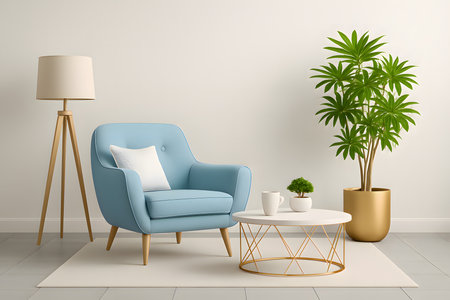 Modern living room with blue armchair, white coffee table, gold planter, floor lamp, and indoor plants, 3d render.の素材