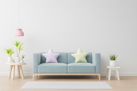 Modern minimalist living room with light blue sofa, pastel star pillows, indoor plants, and pink pendant lamp.の素材