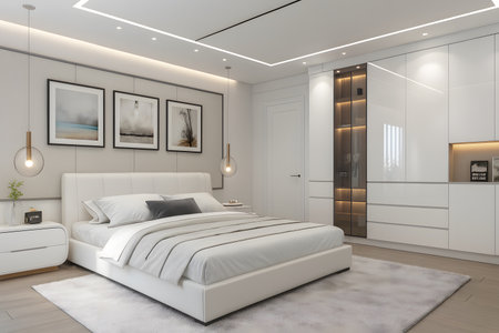 3d render of bedroom interior design in modern house with white wallsの素材