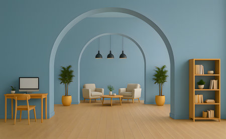 Modern living room with blue arched walls, beige chairs, wooden furniture, indoor plants, and pendant lights.の素材