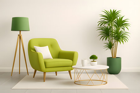 Modern living room interior with green armchair, potted palm, stylish lamp, and white coffee table on rug.の素材