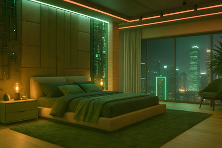 Luxury bedroom with green carpet, night city view, 3d renderingの素材