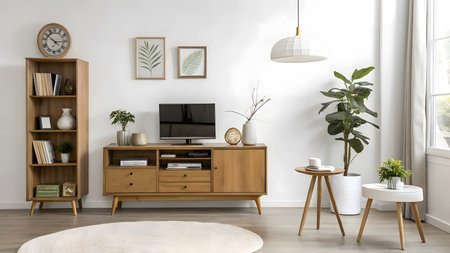 Interior of modern living room with wooden commode, bookshelf, coffee table and plants. 3d renderの素材