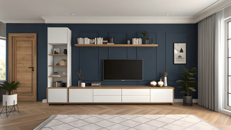 Interior of modern living room with blue walls, wooden floor and white tv on the wall. 3d renderingの素材