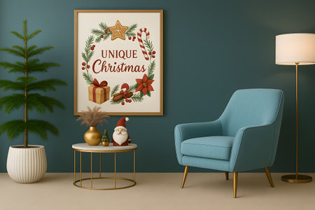 Merry Christmas and Happy New Year living room interior with armchair, coffee table, Christmas tree, 3d renderの素材