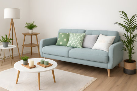 Interior of modern living room with blue sofa, coffee table and plants. 3d renderの素材