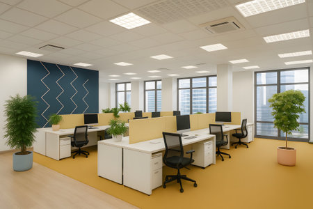 Interior of a modern office with yellow and blue walls. 3d renderingの素材