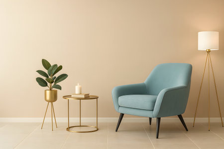 interior with blue armchair, lamp and plant. 3d renderの素材