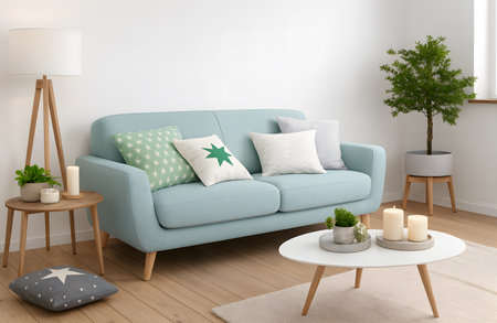 interior of modern living room with blue sofa 3d render illustrationの素材