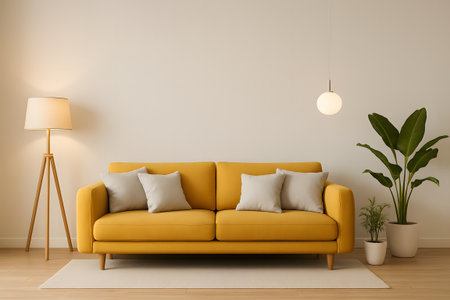 Interior of modern living room with yellow sofa, lamp and plant. 3d renderの素材