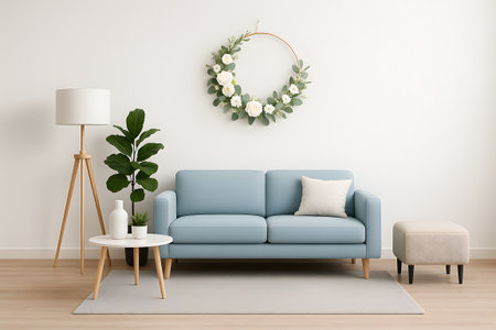 Modern living room interior with blue sofa, coffee table and plant. 3d renderの素材
