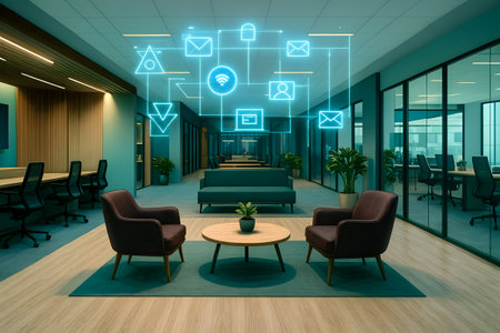 3d rendering of modern office interior with social network diagram on the wallの素材