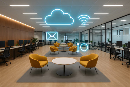 3d rendering of a modern office interior with cloud computing and social mediaの素材