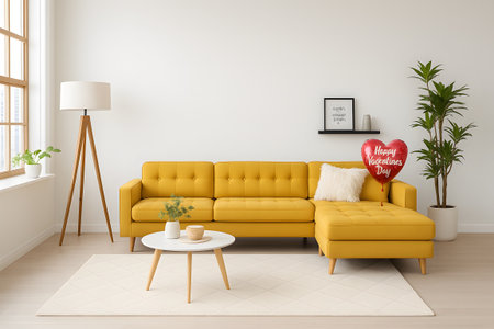 Interior of modern living room with yellow sofa and coffee table 3D renderingの素材