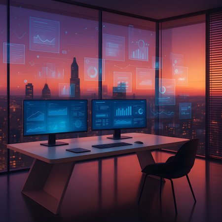 Modern office interior with city view, 3D rendering toned imageの素材