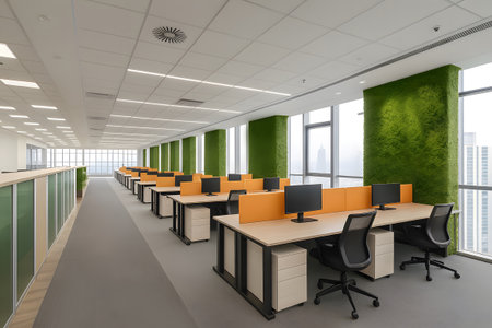 Modern office interior with green walls, a concrete floor and rows of computer tables. 3d rendering mock upの素材