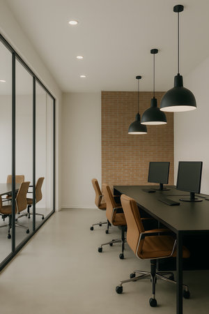 Interior of modern office with white walls, concrete floor, rows of computer tables and brown chairs. 3d renderingの素材
