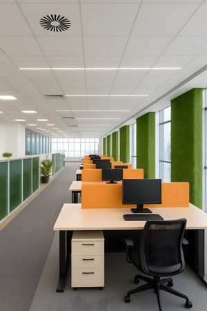 Interior of a modern office with orange and green walls, rows of computer desks and black chairs. 3d rendering mock upの素材