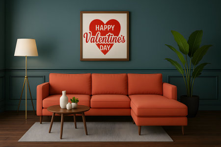 happy valentines day with red sofa in living room, 3d renderの素材