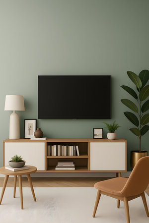 TV on the wall in modern living room. 3d render.の素材