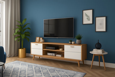 TV on the cabinet in blue living room. 3d rendering.の素材