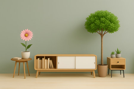 Interior living room with bookshelf and flower - 3d renderingの素材