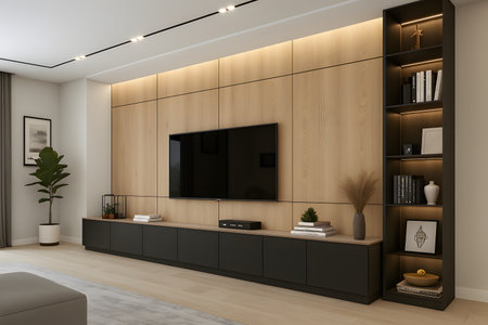 3d rendering of a modern living room with tv and bookshelvesの素材