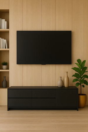TV on the cabinet in modern living room with wooden wall. 3d renderingの素材