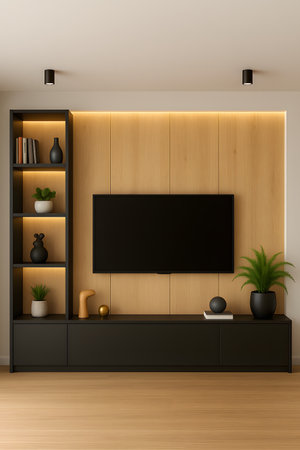 Interior of modern living room with wooden walls, parquet floor and black TV cabinet. 3d renderingの素材