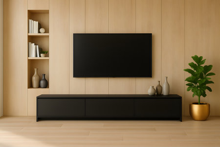 TV cabinet in modern living room with wooden wall. 3d renderingの素材